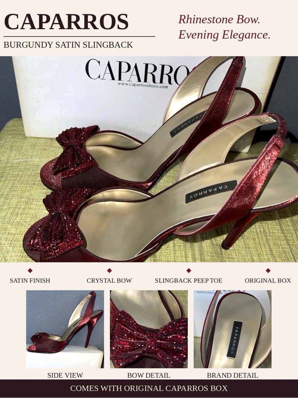 Caparros Wine Red Satin Slingback Peep-Toe Heels with Bow Accent sz10